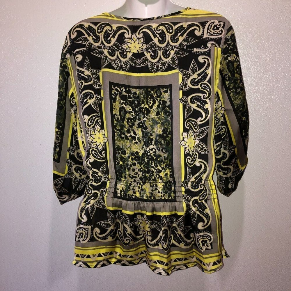 Multiples Medium Black Yellow Print Elastic Waist 3/4 Sleeve Blouse Top Size M - Picture 7 of 10